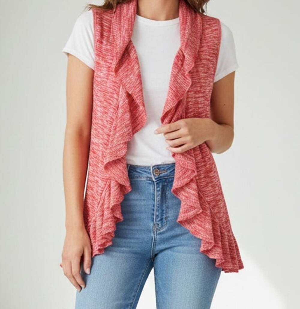 INC International Concepts Med Pink Orange Open Front Ruffle Cardigan Sweater